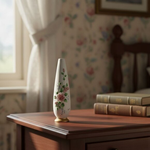 Vintage George Fine China Bud Vase Handpainted Pink Roses Gold Base Banff Japan - Picture 2 of 9